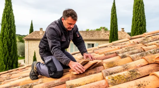 Artisan couvreur inspectant une toiture en tuiles canal sur maison provençale