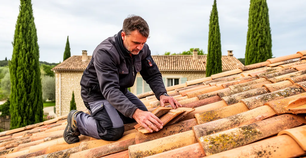 Artisan couvreur inspectant une toiture en tuiles canal sur maison provençale